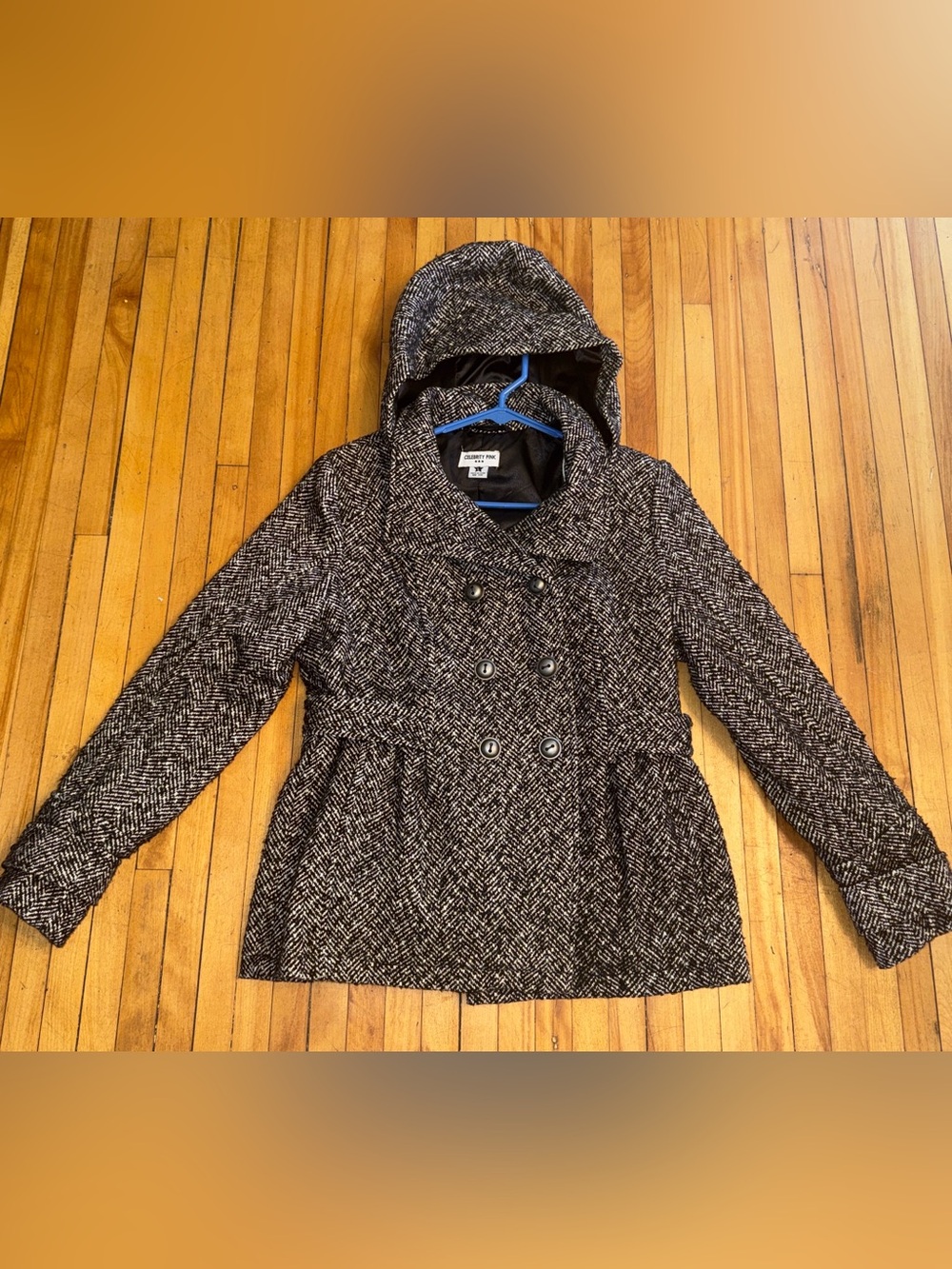 Celebrity Pink Black-and-White Tweed Hooded Double-Breasted Peacoat